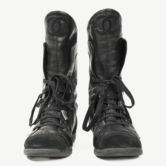 Chanel Black Perforated Leather Sneaker Boots - Picture 2 of 12